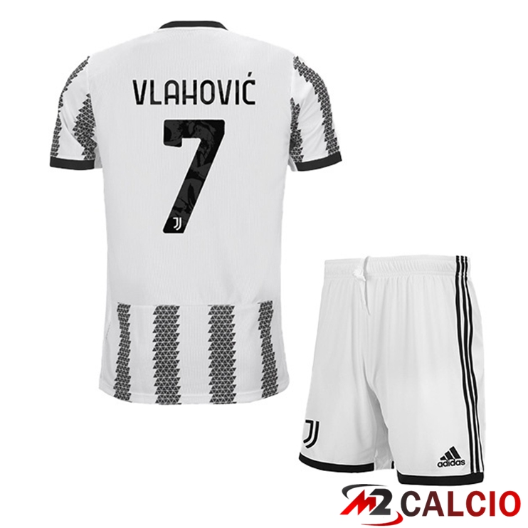 Maglie Calcio Juventus (VLAHOVIC 7) Bambino Prima Bianco Nero 2022/2023