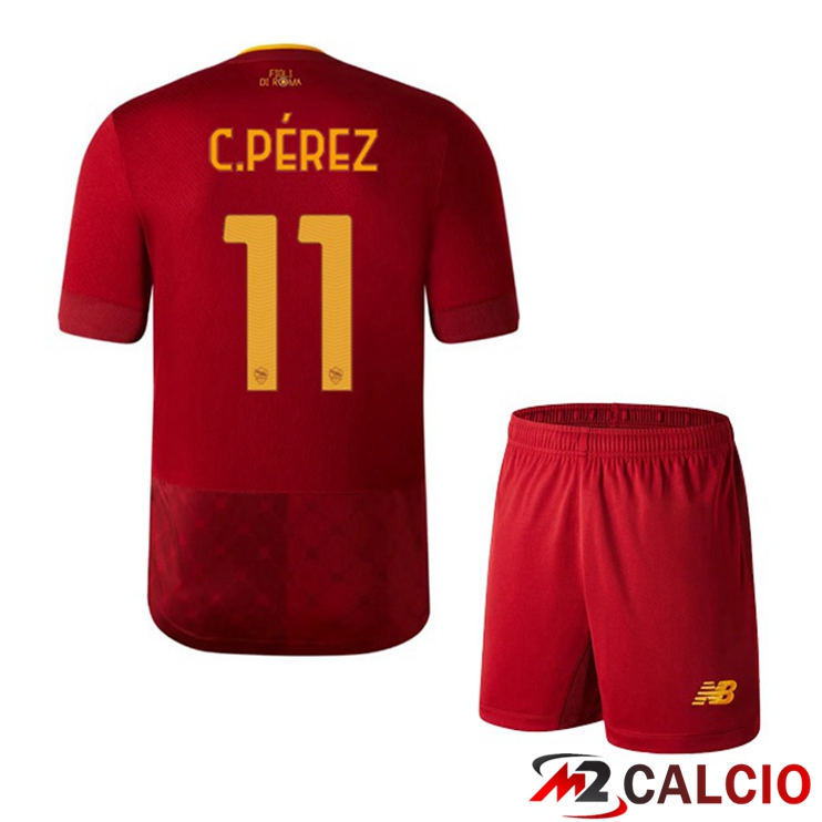 Maglie Calcio AS Roma (C.PÉREZ 11) Bambino Prima Rosso 2022/2023