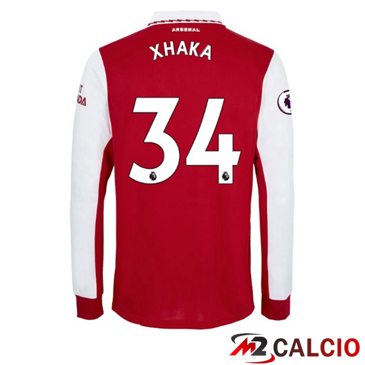 Maglie Calcio Arsenal (XHAKA 34) Prima Manica Lunga Rosso Bianco 2022/2023