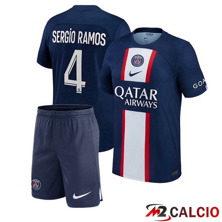 Maglie Calcio Paris PSG (Sergio Ramos 4) Bambino Prima Blu Royal 2022/2023