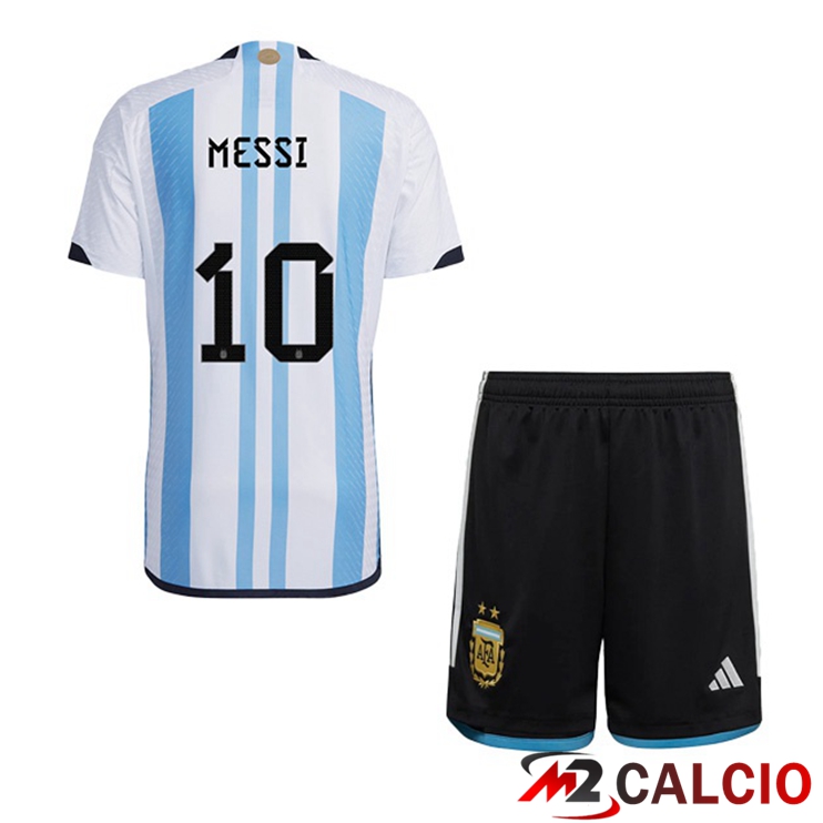 Maglie Calcio Argentina (MESSI 10) Bambino Prima Blu Bianco Coppa Del Mondo 2022