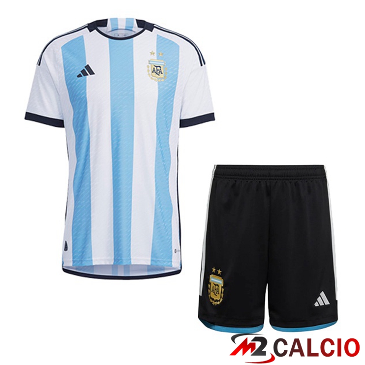 Maglie Calcio Argentina Bambino Prima Blu Bianco Coppa Del Mondo 2022