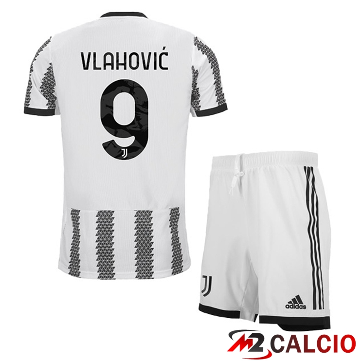 Maglie Calcio Juventus (VLAHOVIĆ 9) Bambino Prima Bianco Nero 2022/2023