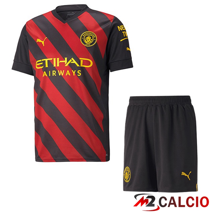 Maglie Calcio Manchester City Bambino Seconda Rosso Nero 2022/2023