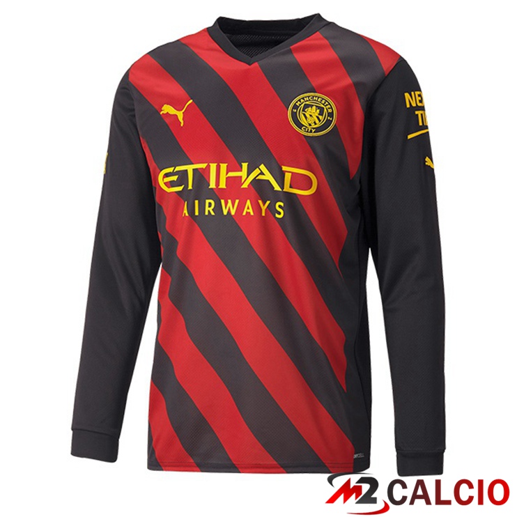 Maglie Calcio Manchester City Seconda Manica Lunga Rosso Nero 2022/2023