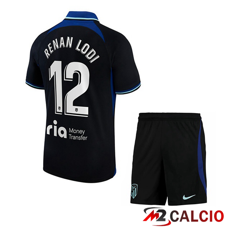 Maglie Calcio Atletico Madrid (Renan Lodi 12) Bambino Seconda Nero 2022/2023