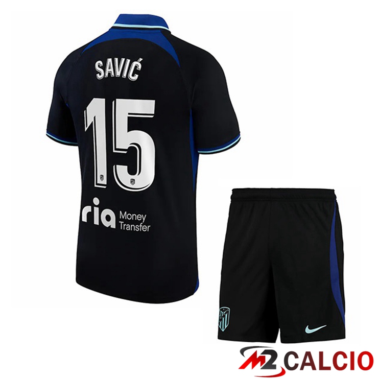 Maglie Calcio Atletico Madrid (Savic 15) Bambino Seconda Nero 2022/2023