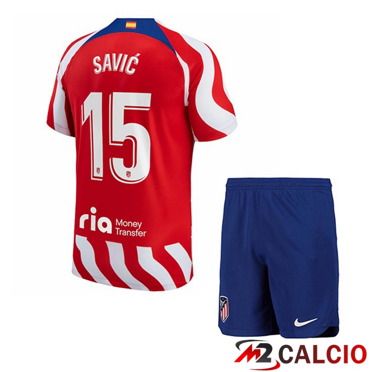 Maglie Calcio Atletico Madrid (Savic 15) Bambino Prima Rosso 2022/2023