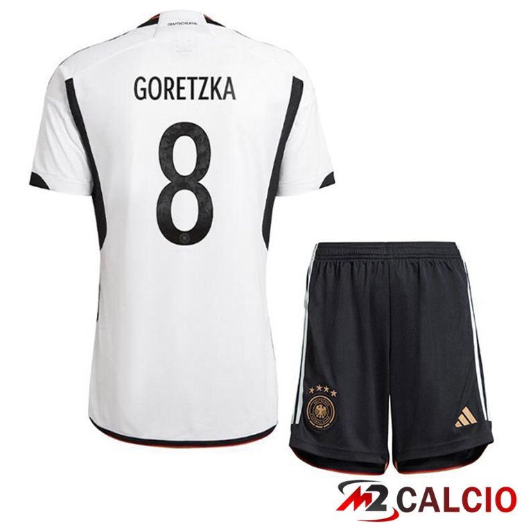 Maglia Germania (GORETZKA 8) Bambino Prima Nero Bianco Coppa del Mondo 2022