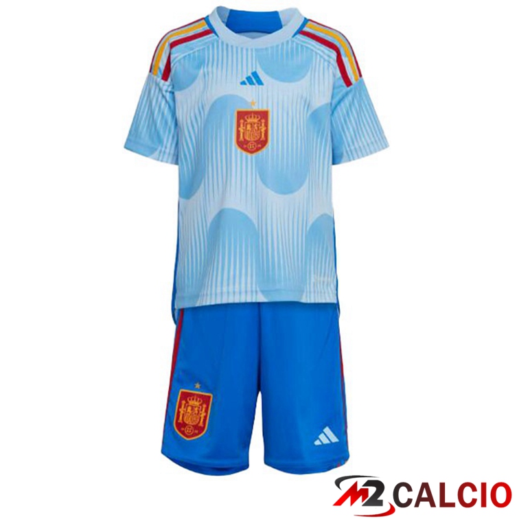 Maglie Calcio Spagna Bambino Seconda Blu Bianco Coppa del Mondo 2022