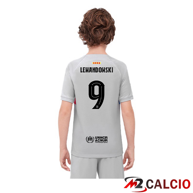 Maglie Calcio FC Barcellona (LEWANDOWSKI 9) Bambino Terza Grigio 2022/2023