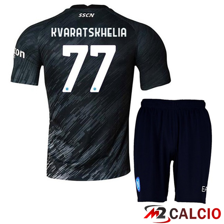 Maglie Calcio SSC Napoli (Kvaratskhelia 77) Bambino Terza Nero 2022/2023