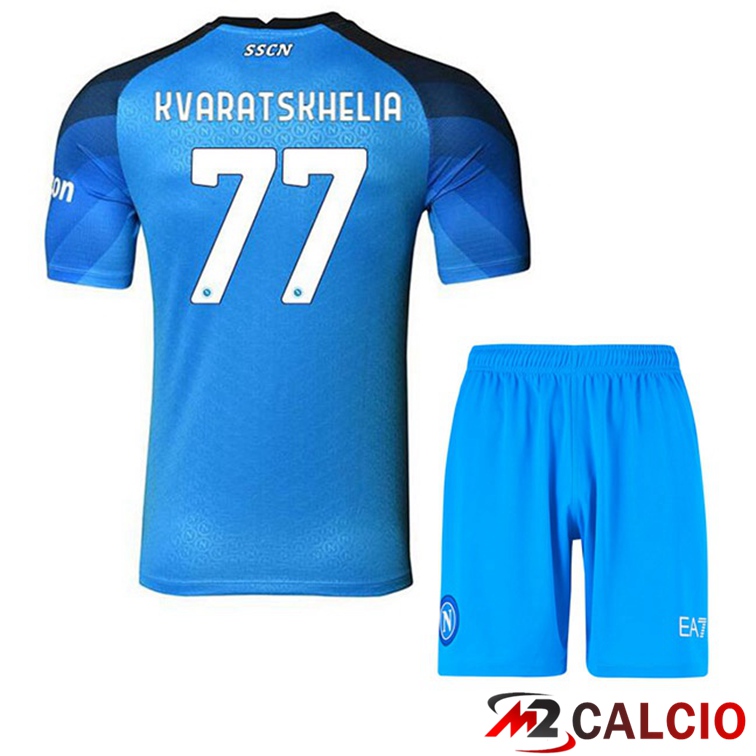 Maglie Calcio SSC Napoli (Kvaratskhelia 77) Bambino Prima Blu 2022/2023