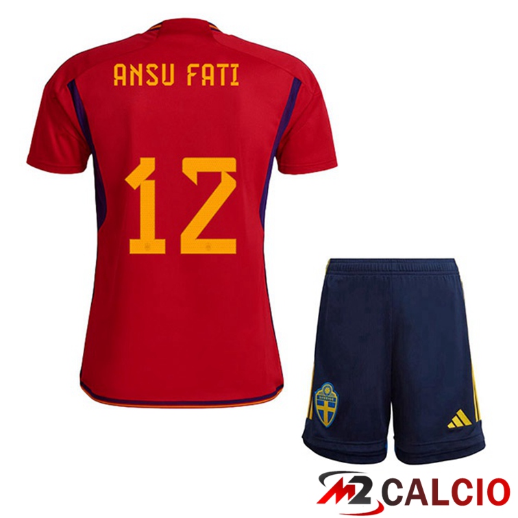 Maglie Calcio Spagna (ANSU FATI 12) Bambino Prima Rosso Coppa Del Mondo 2022
