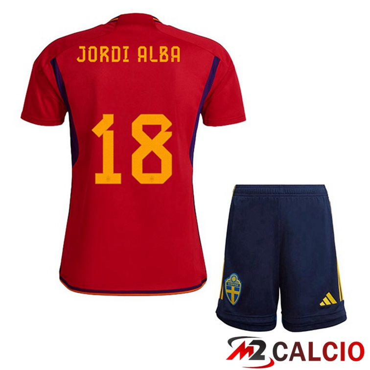 Maglie Calcio Spagna (JORDI ALBA 18) Bambino Prima Rosso Coppa Del Mondo 2022