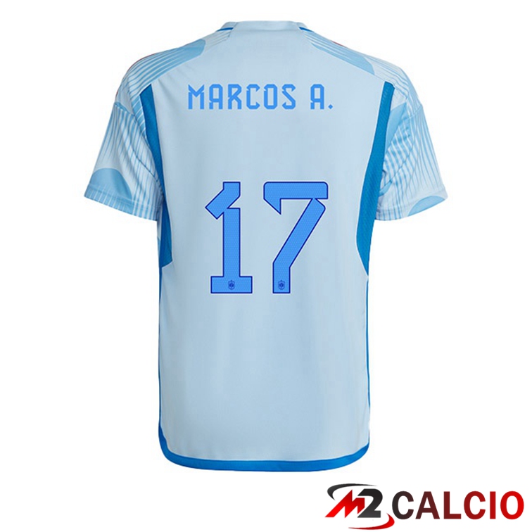 Maglie Calcio Spagna (MARCOS A. 17) Seconda Blu Bianco Coppa Del Mondo 2022
