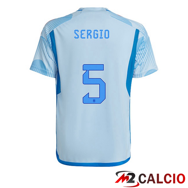 Maglie Calcio Spagna (SERGIO 5) Seconda Blu Bianco Coppa Del Mondo 2022