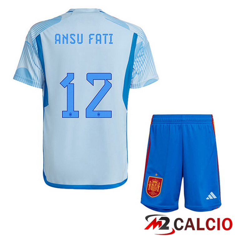 Maglie Calcio Spagna (ANSU FATI 12) Bambino Seconda Blu Bianco Coppa Del Mondo 2022