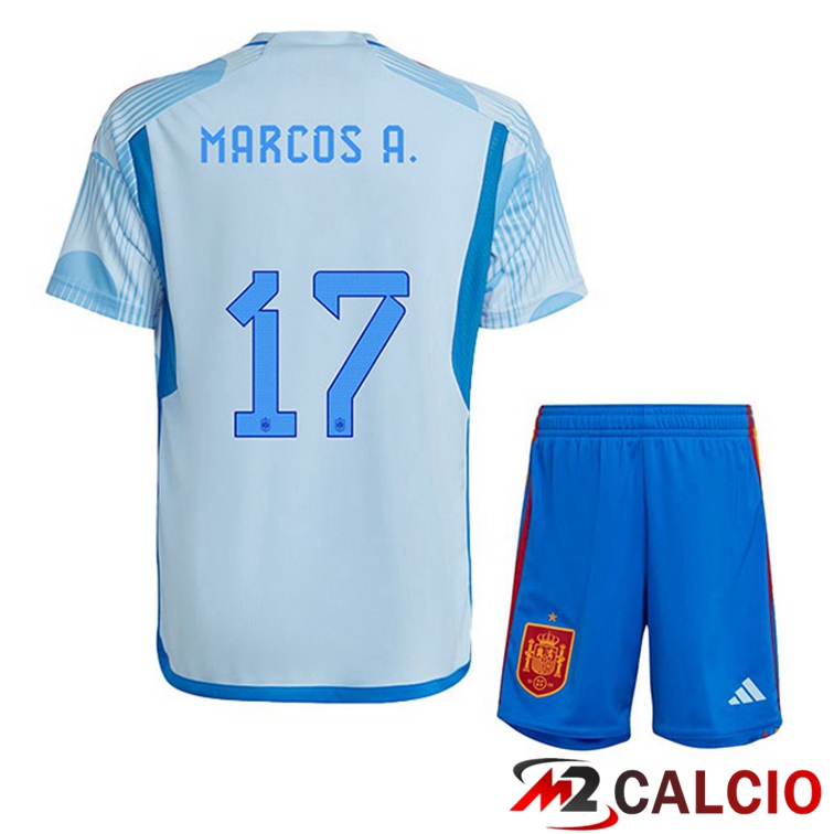 Maglie Calcio Spagna (MARCOS A. 17) Bambino Seconda Blu Bianco Coppa Del Mondo 2022