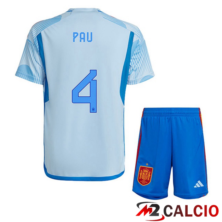 Maglie Calcio Spagna (PAU 4) Bambino Seconda Blu Bianco Coppa Del Mondo 2022