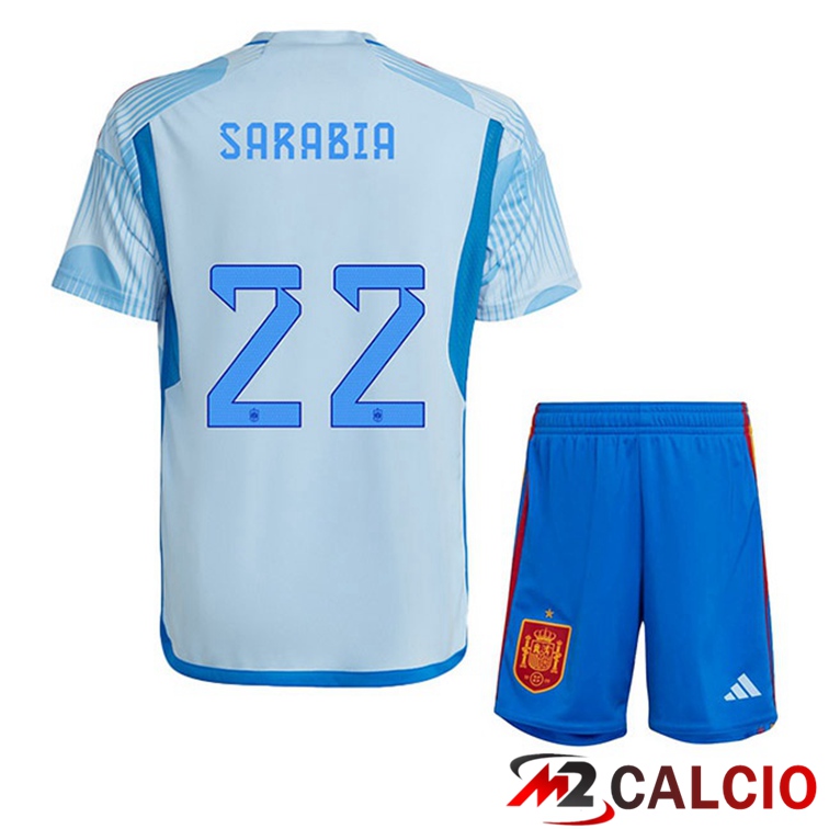 Maglie Calcio Spagna (SARABIA 22) Bambino Seconda Blu Bianco Coppa Del Mondo 2022