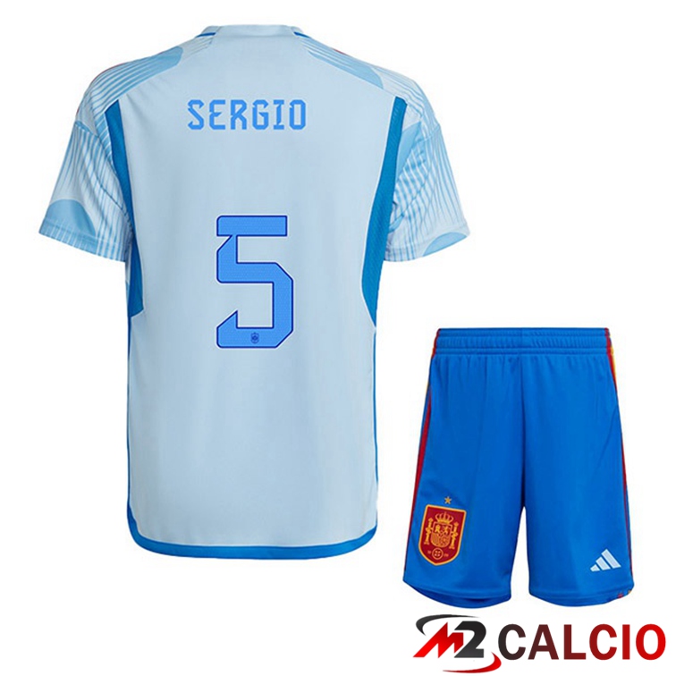 Maglie Calcio Spagna (SERGIO 5) Bambino Seconda Blu Bianco Coppa Del Mondo 2022