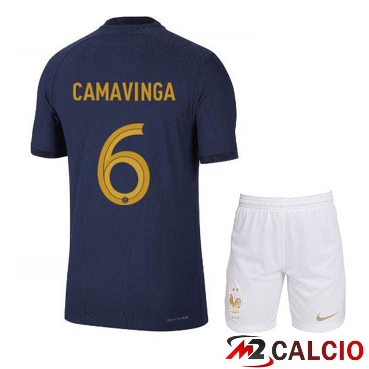 Maglie Calcio Francia (CAMAVINGA 6) Bambino Prima Blu Royal Coppa Del Mondo 2022