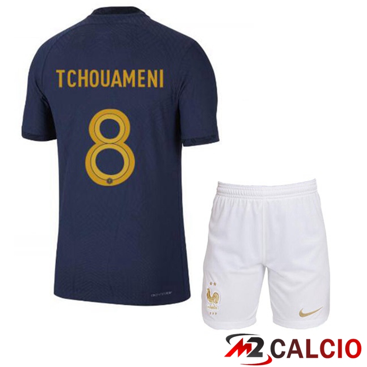 Maglie Calcio Francia (TCHOUAMENI 8) Bambino Prima Blu Royal Coppa Del Mondo 2022