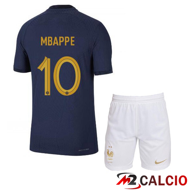 Maglie Calcio Francia (MBAPPE 10) Bambino Prima Blu Royal Coppa Del Mondo 2022