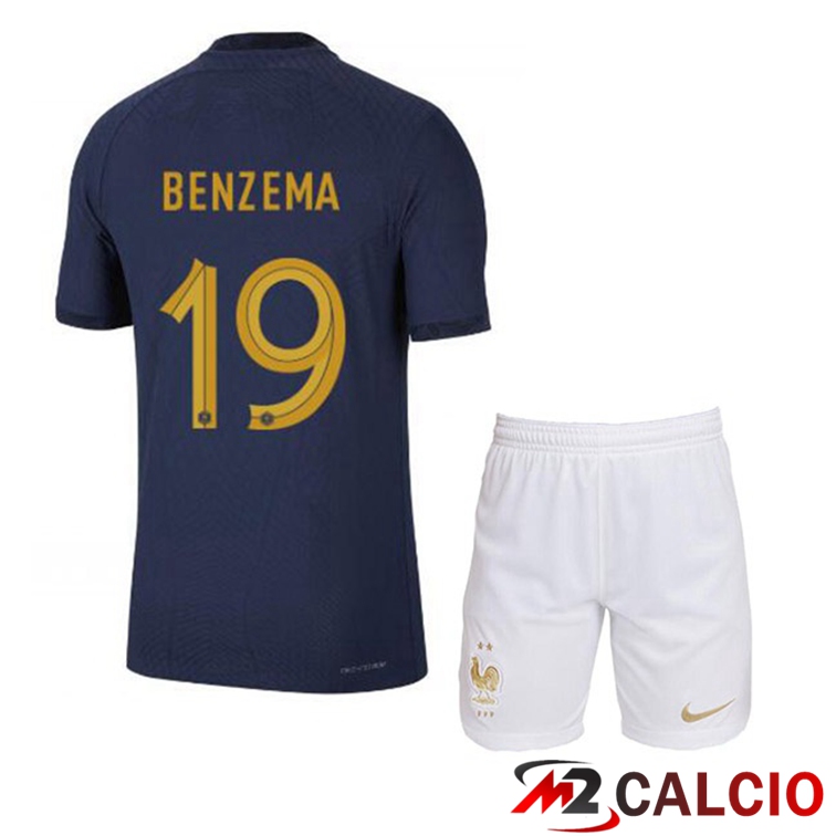 Maglie Calcio Francia (BENZEMA 19) Bambino Prima Blu Royal Coppa Del Mondo 2022