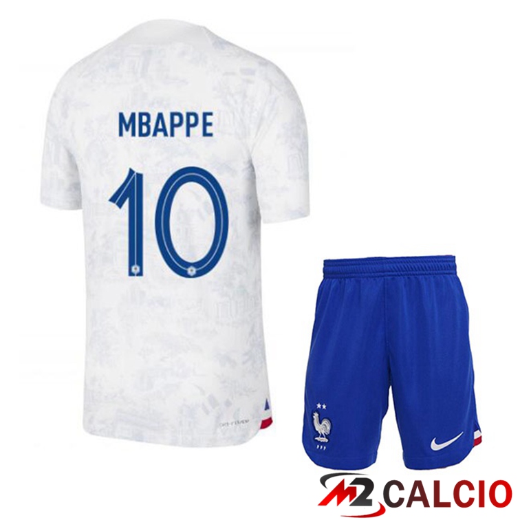Maglie Calcio Francia (MBAPPE 10) Bambino Seconda Bianco Coppa Del Mondo 2022