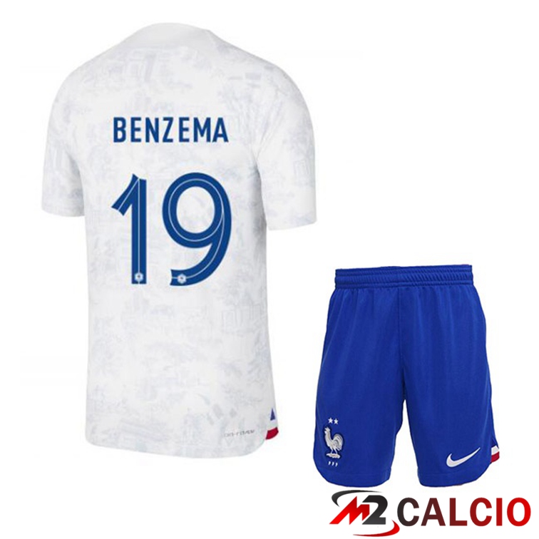 Maglie Calcio Francia (BENZEMA 19) Bambino Seconda Bianco Coppa Del Mondo 2022