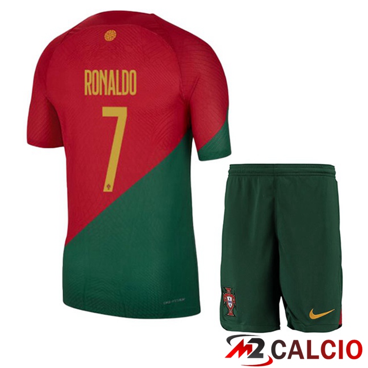 Maglie Calcio Portogallo (RONALDO 7) Bambino Prima Rosso Verde Coppa Del Mondo 2022