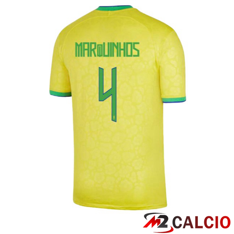 Maglie Calcio Brasile (MARQUINHOS 4) Prima Giallo Coppa Del Mondo 2022