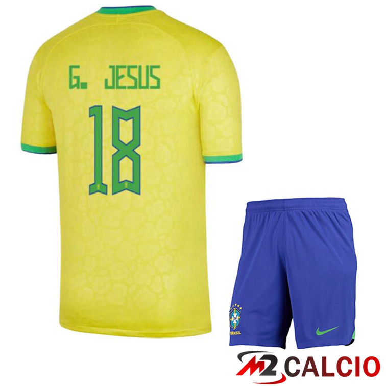 Maglie Calcio Brasile (G. JESUS 18) Bambino Prima Giallo Coppa Del Mondo 2022