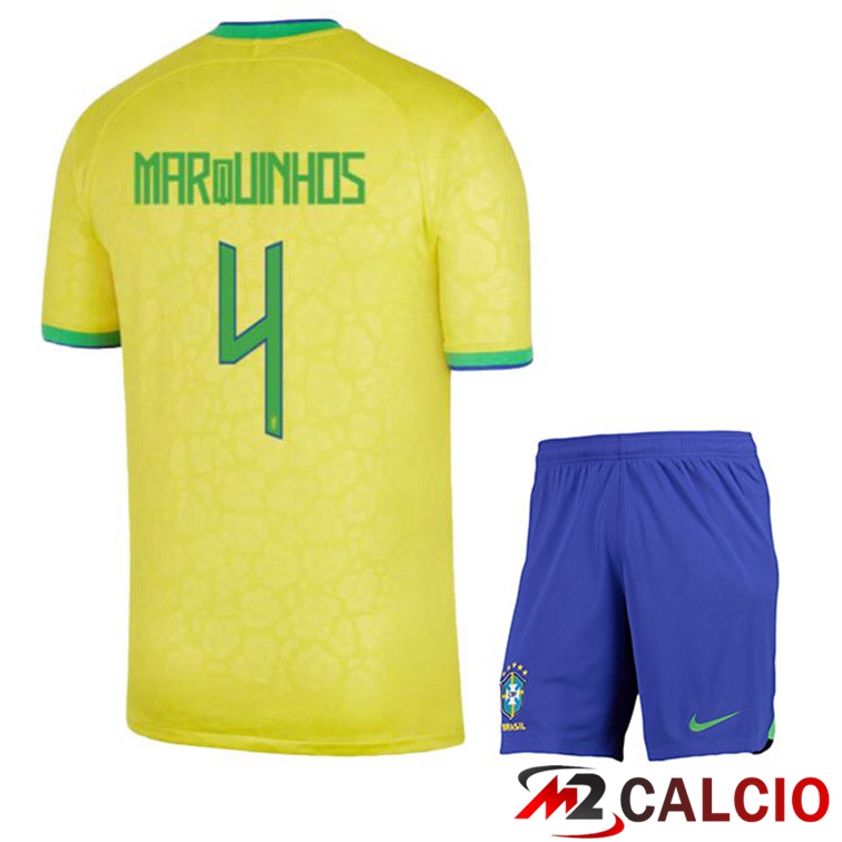 Maglie Calcio Brasile (MARQUINHOS 4) Bambino Prima Giallo Coppa Del Mondo 2022