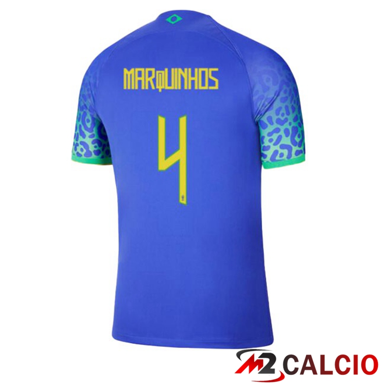 Maglie Calcio Brasile (MARQUINHOS 4) Seconda Blu Coppa Del Mondo 2022