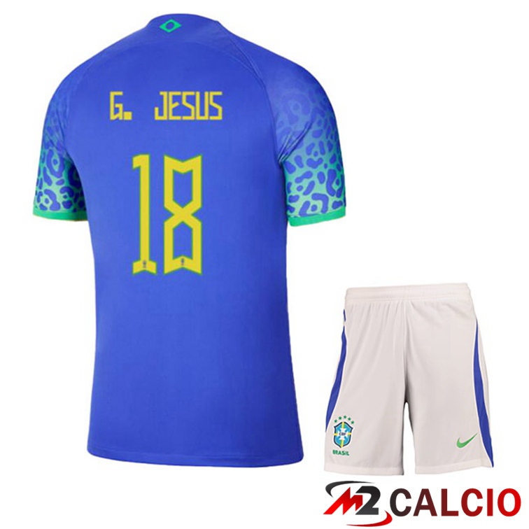 Maglie Calcio Brasile (G. JESUS 18) Bambino Seconda Blu Coppa Del Mondo 2022