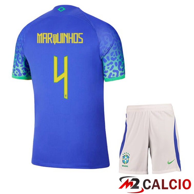 Maglie Calcio Brasile (MARQUINHOS 4) Bambino Seconda Blu Coppa Del Mondo 2022