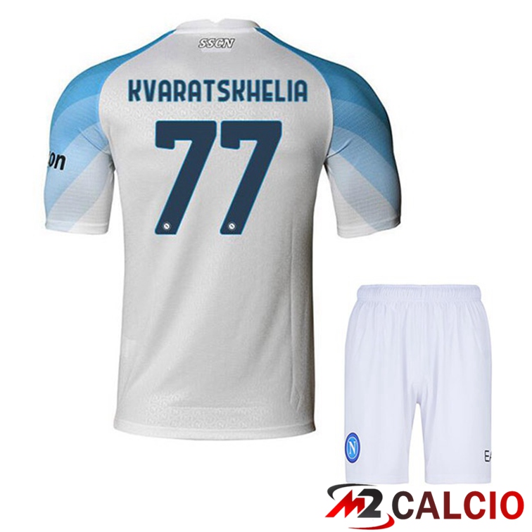 Maglie Calcio SSC Napoli (Kvaratskhelia 77) Bambino Prima Bianco 2022/2023