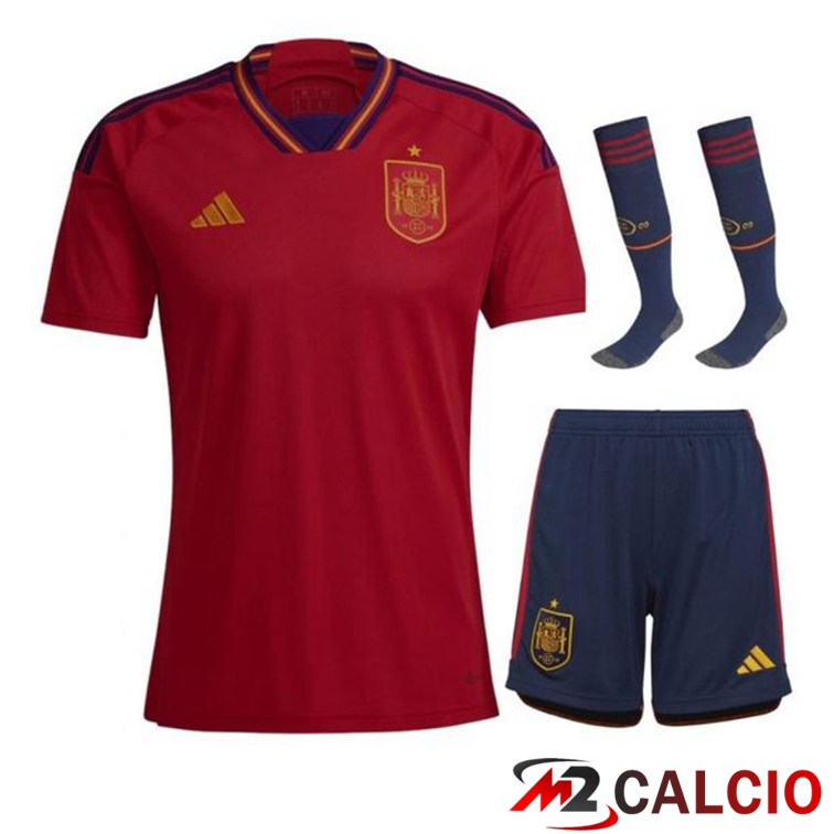 Insieme Maglie Calcio Spagna Prima (Pantaloncini + Calzini) Coppa Del Mondo 2022