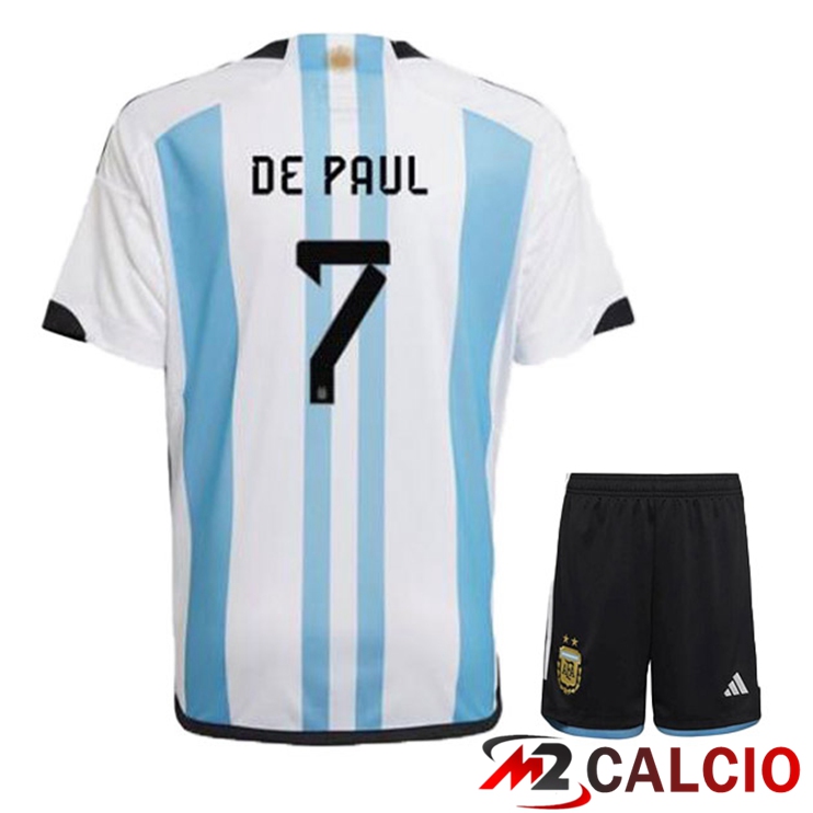 Maglie Calcio Argentina (DE PAUL 7) Bambino Prima Blu Bianco Coppa Del Mondo 2022