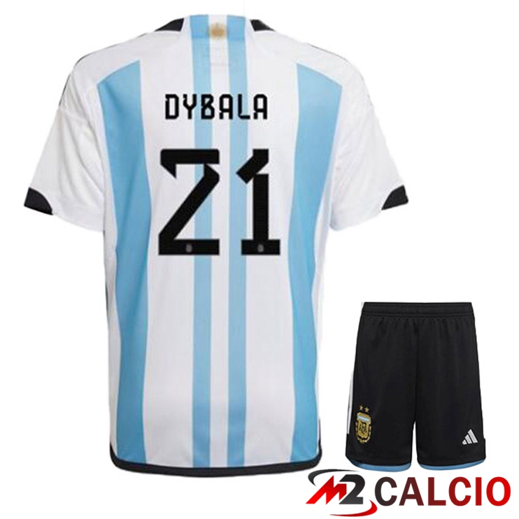 Maglie Calcio Argentina (DYBALA 21) Bambino Prima Blu Bianco Coppa Del Mondo 2022