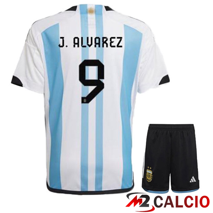 Maglie Calcio Argentina (J. ALVAREZ 9) Bambino Prima Blu Bianco Coppa Del Mondo 2022