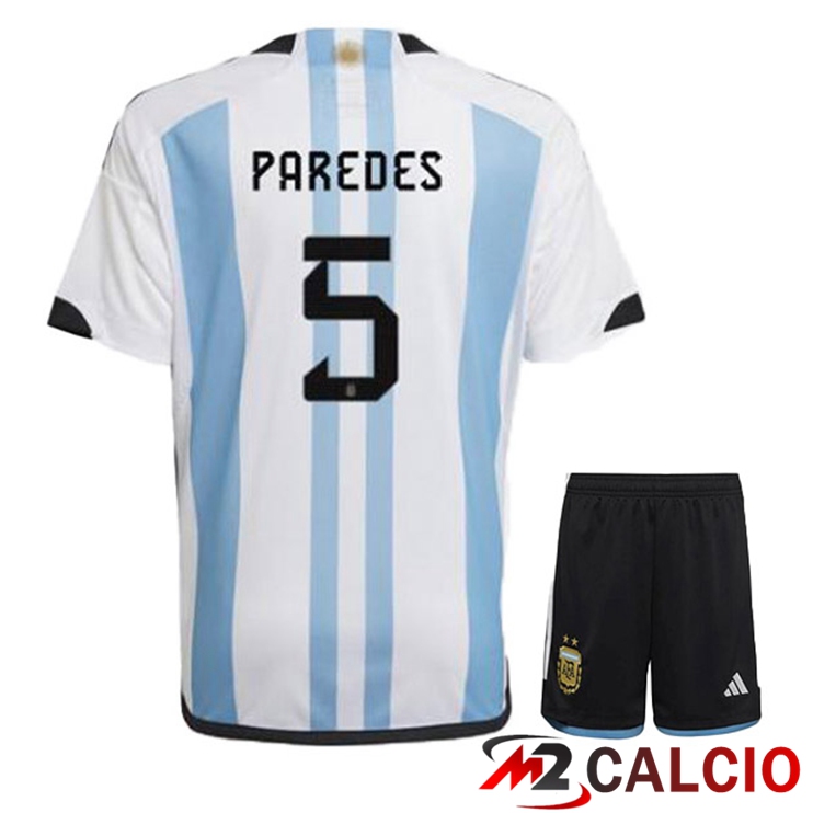 Maglie Calcio Argentina (PAREDES 5) Bambino Prima Blu Bianco Coppa Del Mondo 2022
