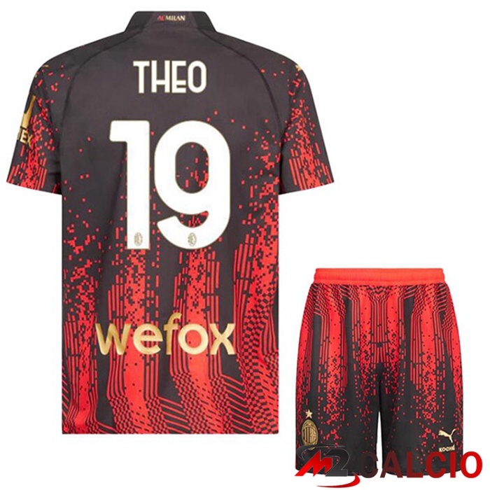 Maglie Calcio AC Milan (THEO 19) Bambino Quarto Rosso Nero 2022/2023