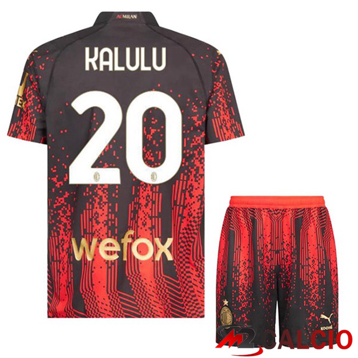 Maglie Calcio AC Milan (KALULU 20) Bambino Quarto Rosso Nero 2022/2023