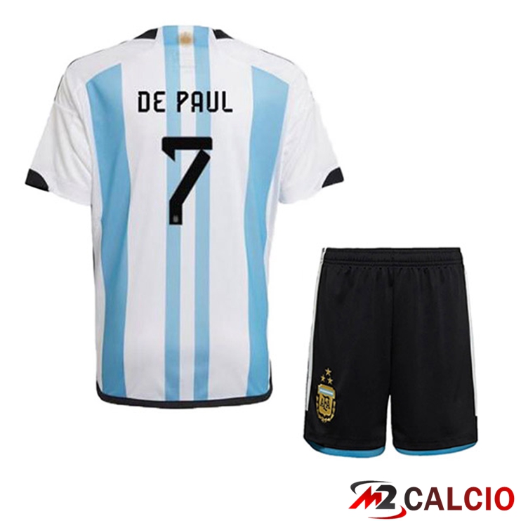 Maglie Calcio Argentina (DE PAUL 7) 3 Stars Bambino Prima Blu Bianco 2022/2023