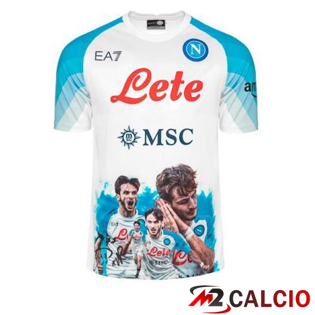 Maglie Calcio SSC Napoli (Kvaratskhelia 77) Face Game Blu Bianco 2022/2023