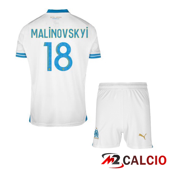 Maglie Calcio Marsiglia OM (MALINOVSKYI 18) Bambino Prima Bianco 2023/2024